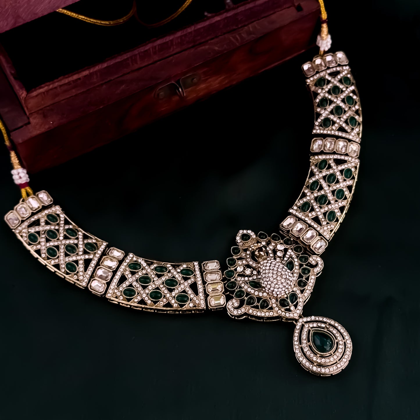 Yasmin Peacock Reverse AD Necklace Set - Green