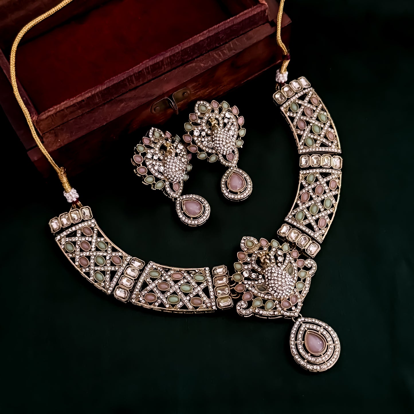 Yasmin Peacock Reverse AD Necklace Set - Pastel Pink & Pastel Green