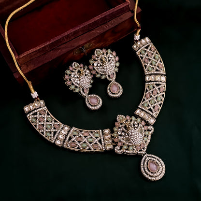 Yasmin Peacock Reverse AD Necklace Set - Pastel Pink & Pastel Green