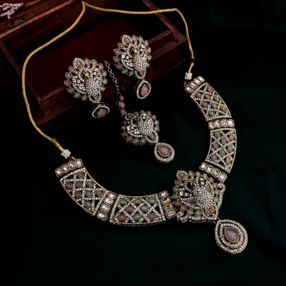 Yasmin Peacock Reverse AD Necklace Set - Pastel Pink & Pastel Green