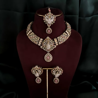 Yasmin Peacock Reverse AD Necklace Set - Pastel Pink & Pastel Green