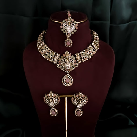 Yasmin Peacock Reverse AD Necklace Set - Pastel Pink & Pastel Green