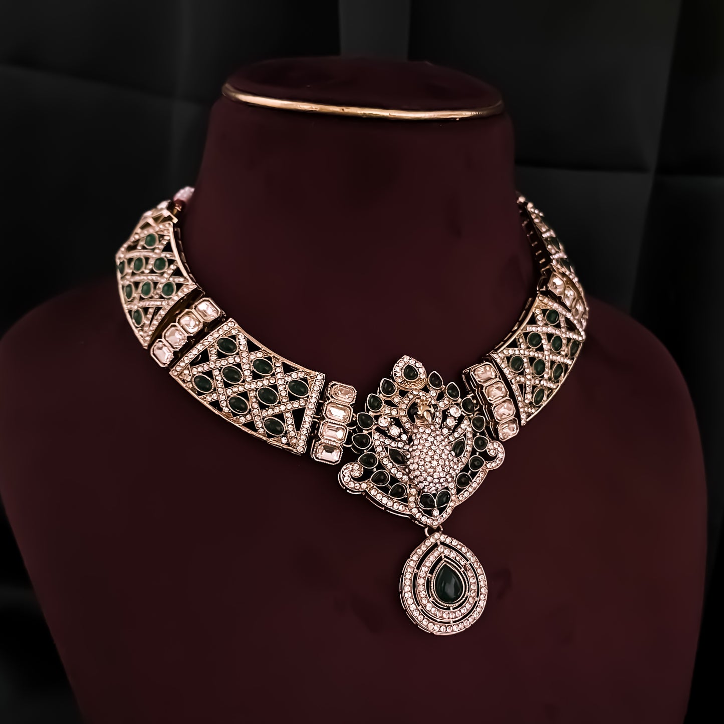 Yasmin Peacock Reverse AD Necklace Set - Green