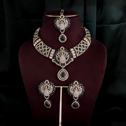 Yasmin Peacock Reverse AD Necklace Set - Green