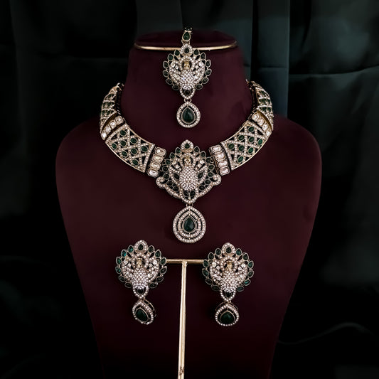 Yasmin Peacock Reverse AD Necklace Set - Green