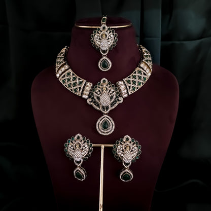 Yasmin Peacock Reverse AD Necklace Set - Green