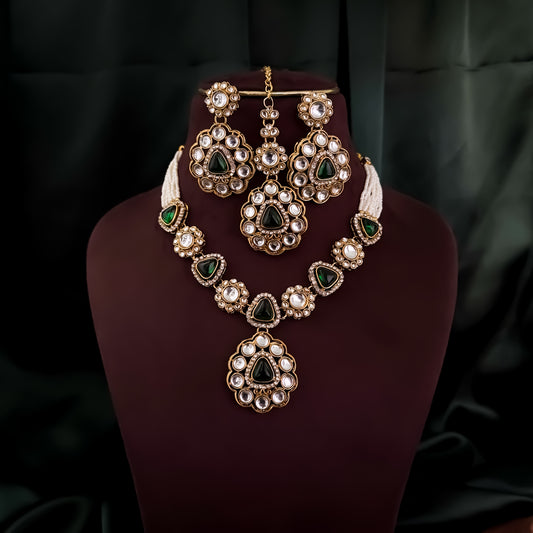 Anjani Kundan Pendant Necklace Set - Green