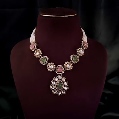 Anjani Kundan Pendant Necklace Set - Pastel Pink & Pastel Green