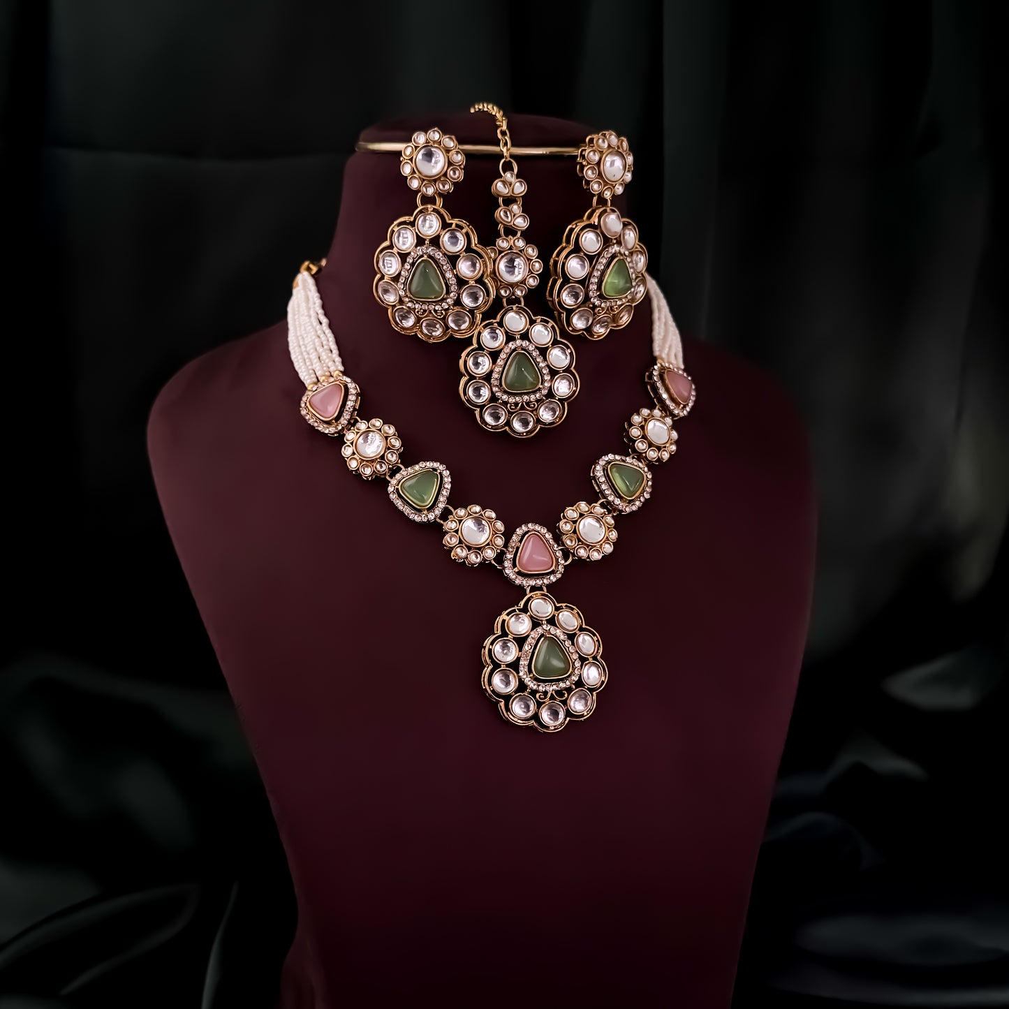 Anjani Kundan Pendant Necklace Set - Pastel Pink & Pastel Green