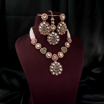 Anjani Kundan Pendant Necklace Set - Pastel Pink & Pastel Green