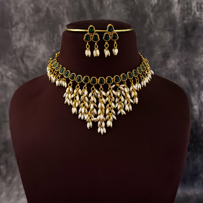 Saubhagya Rice Pearl Choker Necklace Set - Green