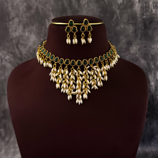Saubhagya Rice Pearl Choker Necklace Set - Green