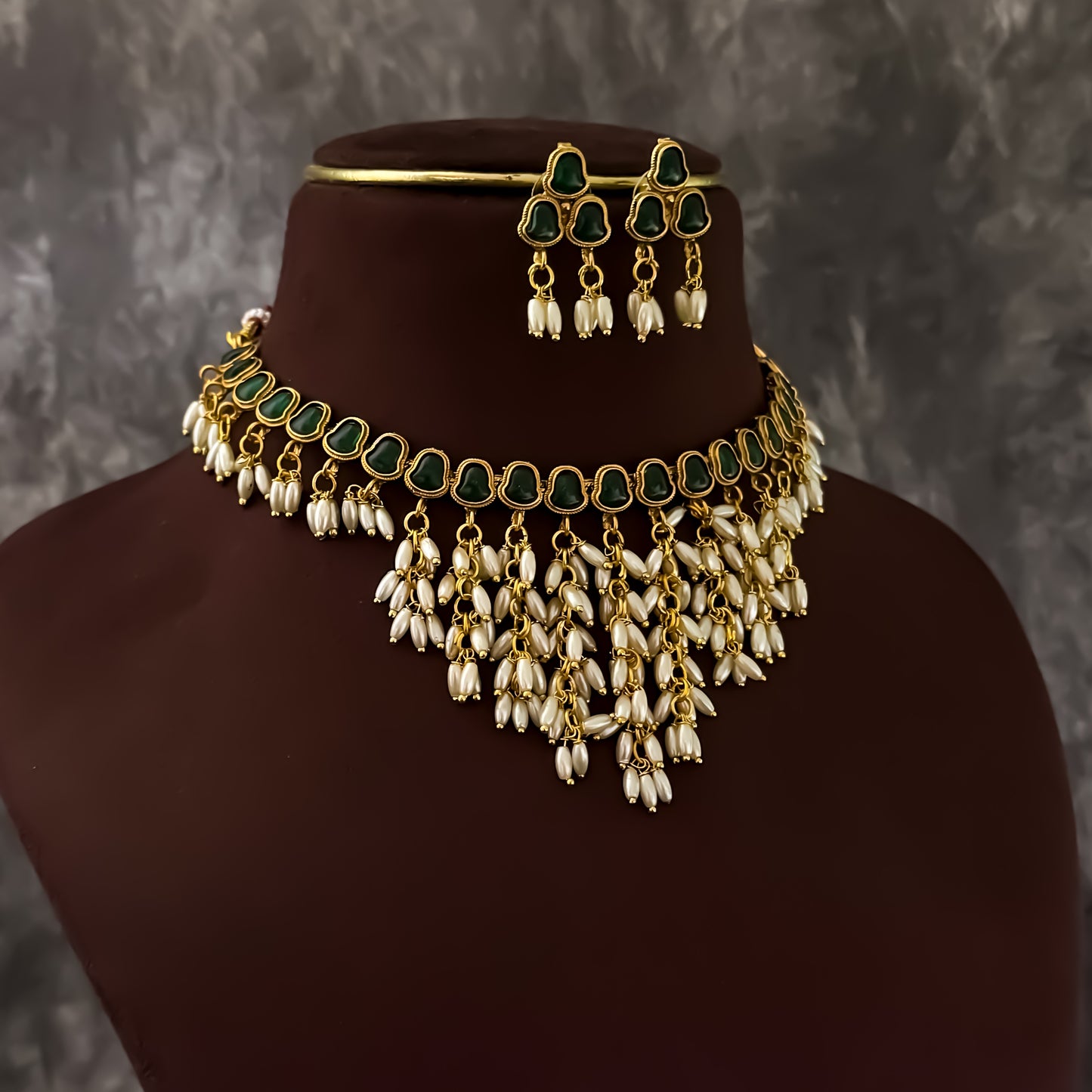 Saubhagya Rice Pearl Choker Necklace Set - Green