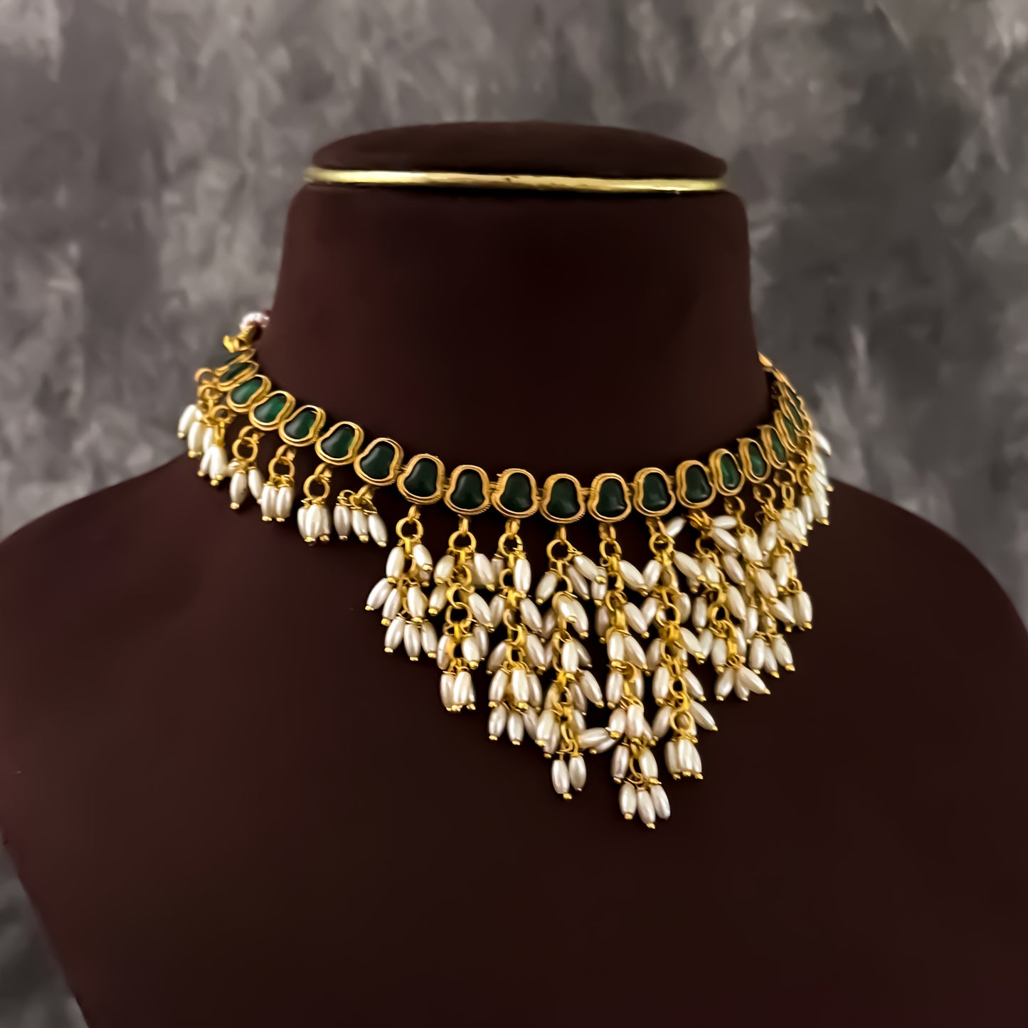 Saubhagya Rice Pearl Choker Necklace Set - Green