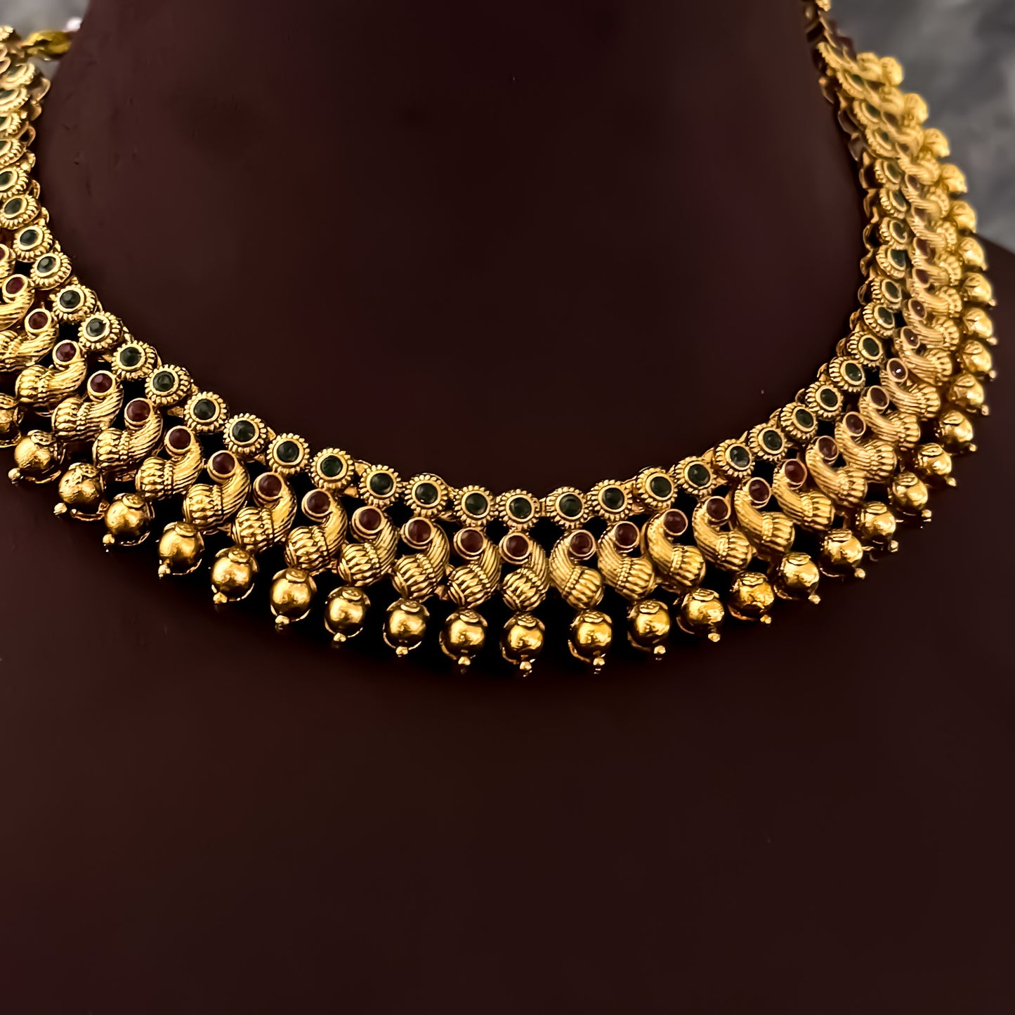 Jeevitha Temple Gold Motif Necklace Set - Maroon & Green
