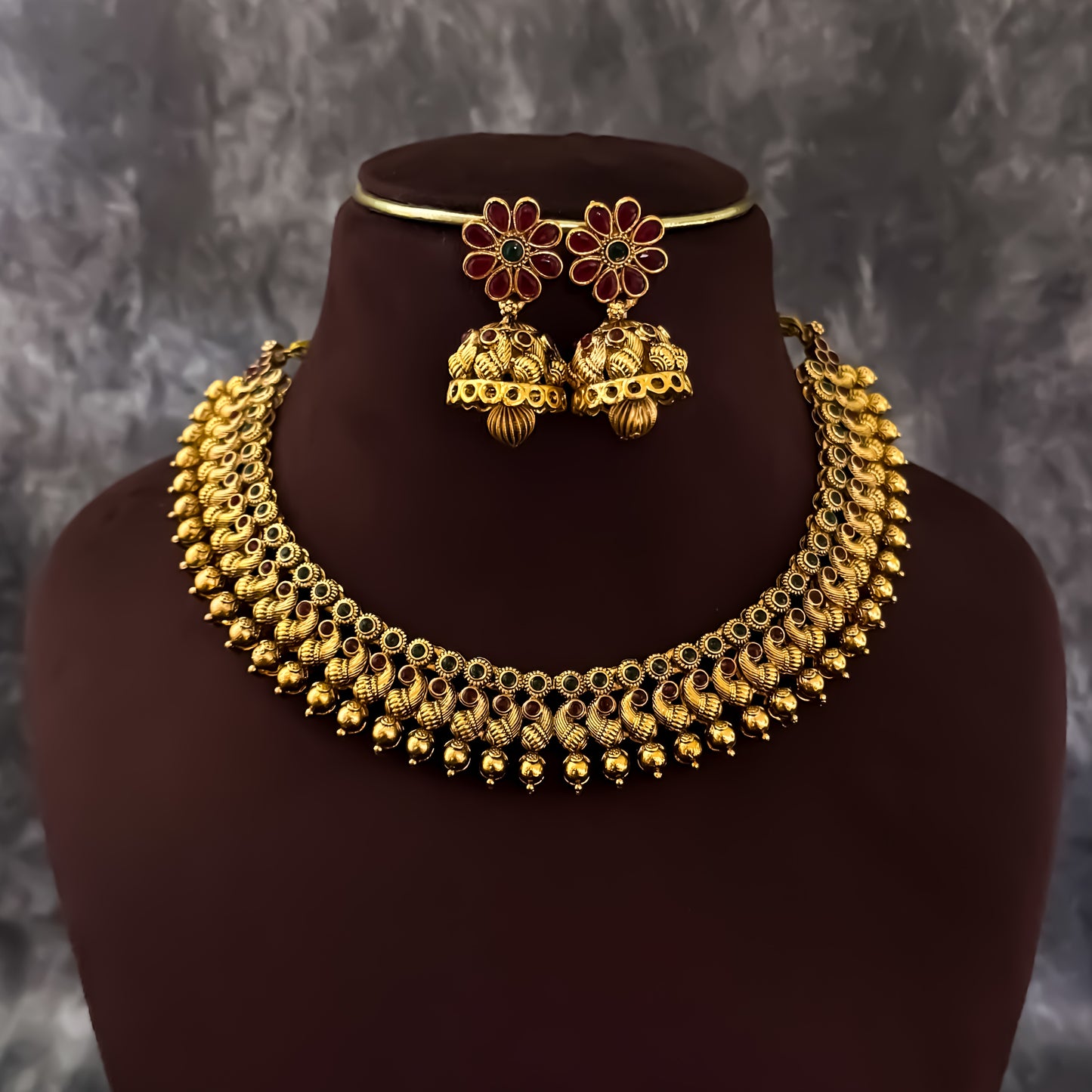 Jeevitha Temple Gold Motif Necklace Set - Maroon & Green