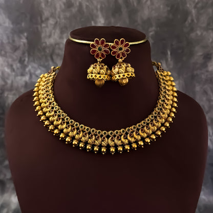 Jeevitha Temple Gold Motif Necklace Set - Maroon & Green