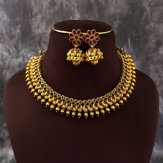 Jeevitha Temple Gold Motif Necklace Set - Maroon & Green