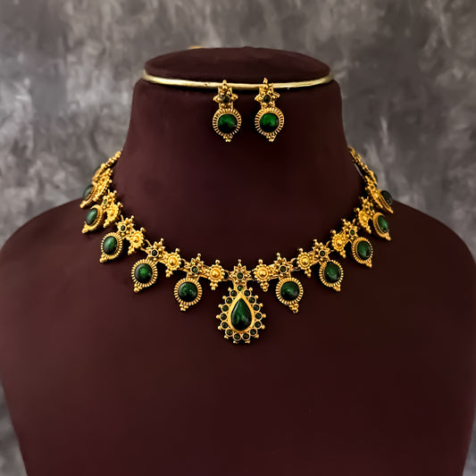 Kamakshi Temple Gold Motif Necklace Set - Green