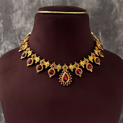 Kamakshi Temple Gold Motif Necklace Set - Maroon