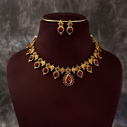 Kamakshi Temple Gold Motif Necklace Set - Maroon