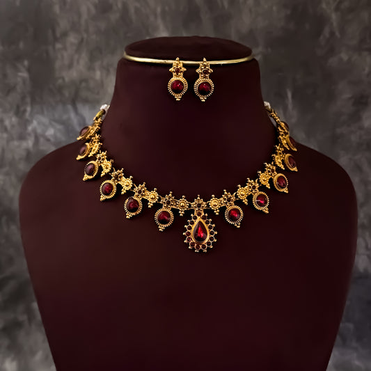 Kamakshi Temple Gold Motif Necklace Set - Maroon