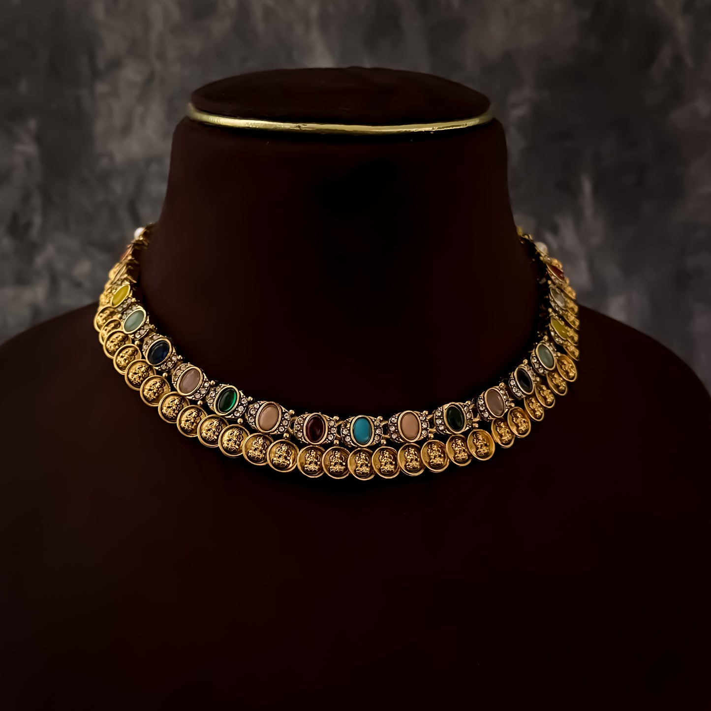 Vaishnavi Navratan Coin Kasumala Temple Necklace Set - Multi