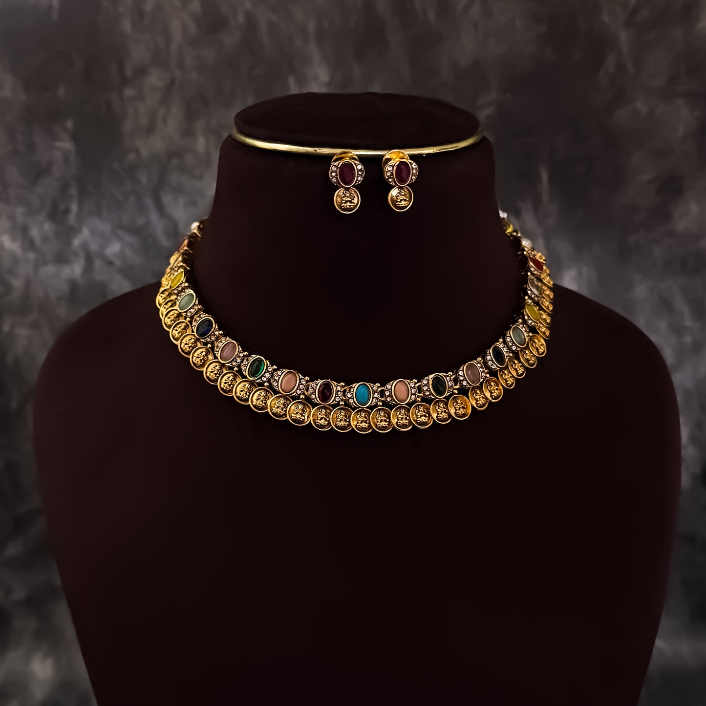 Vaishnavi Navratan Coin Kasumala Temple Necklace Set - Multi