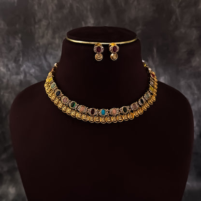 Vaishnavi Navratan Coin Kasumala Temple Necklace Set - Multi
