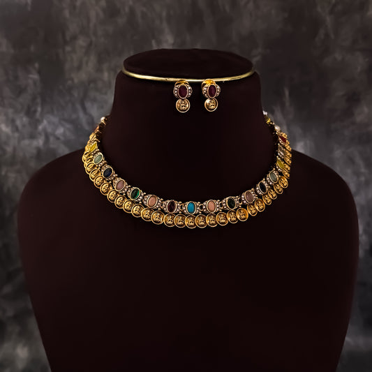 Vaishnavi Navratan Coin Kasumala Temple Necklace Set - Multi