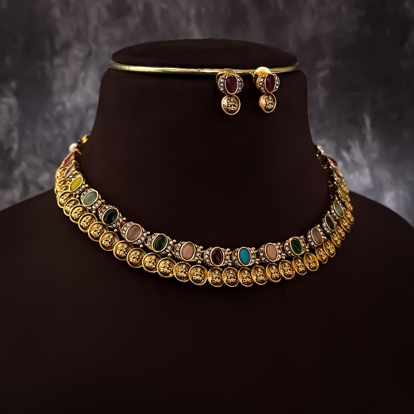 Vaishnavi Navratan Coin Kasumala Temple Necklace Set - Multi