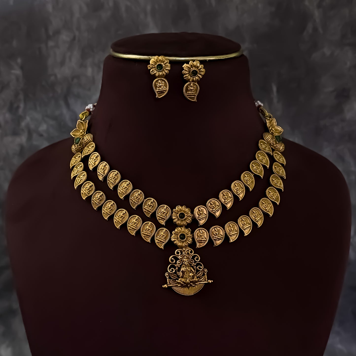 Kaveri Coin Lakshmi Double Layer Temple Necklace Set - Golden