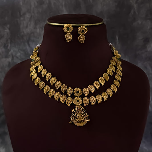 Kaveri Coin Lakshmi Double Layer Temple Necklace Set - Golden