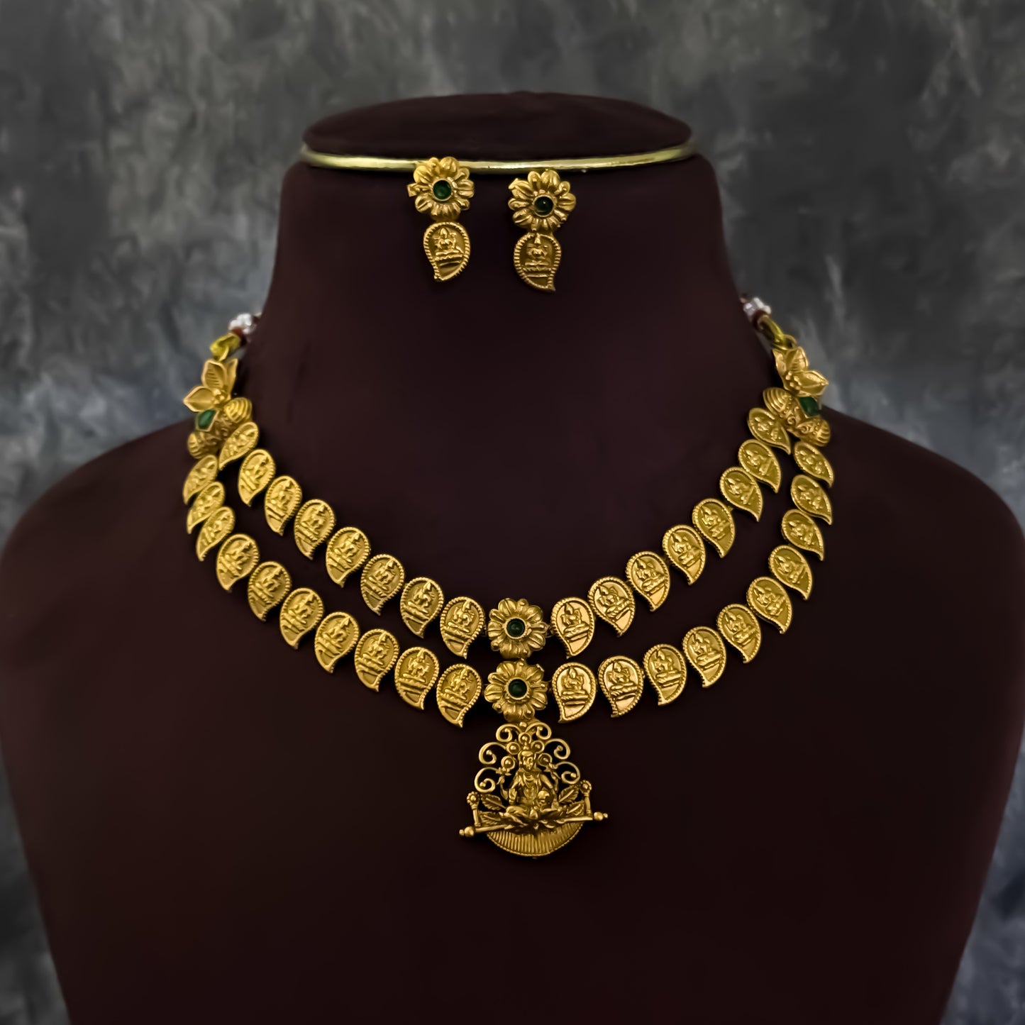 Kaveri Coin Lakshmi Double Layer Temple Necklace Set - Golden