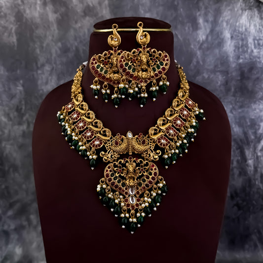 Ratna Lakshmi Necklace Set with Earrings - Golden & Green