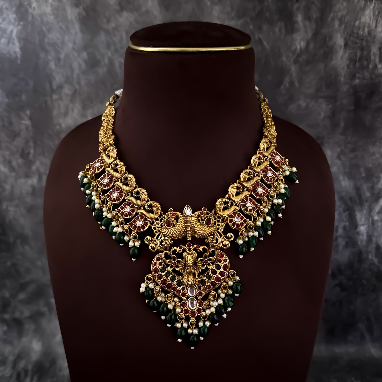 Ratna Lakshmi Necklace Set with Earrings - Golden & Green