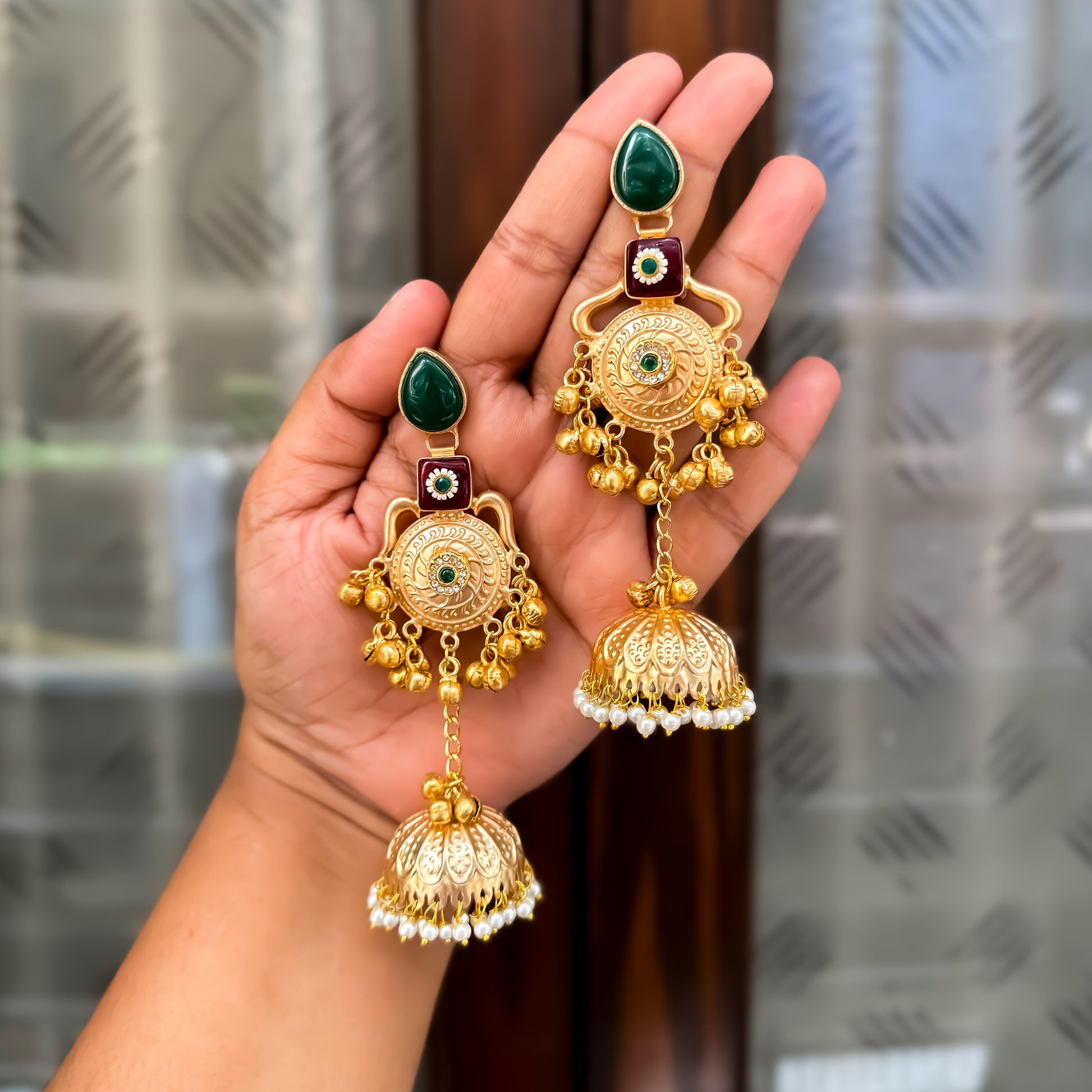 Nritya Golden Premium Brass Jhumka Earrings