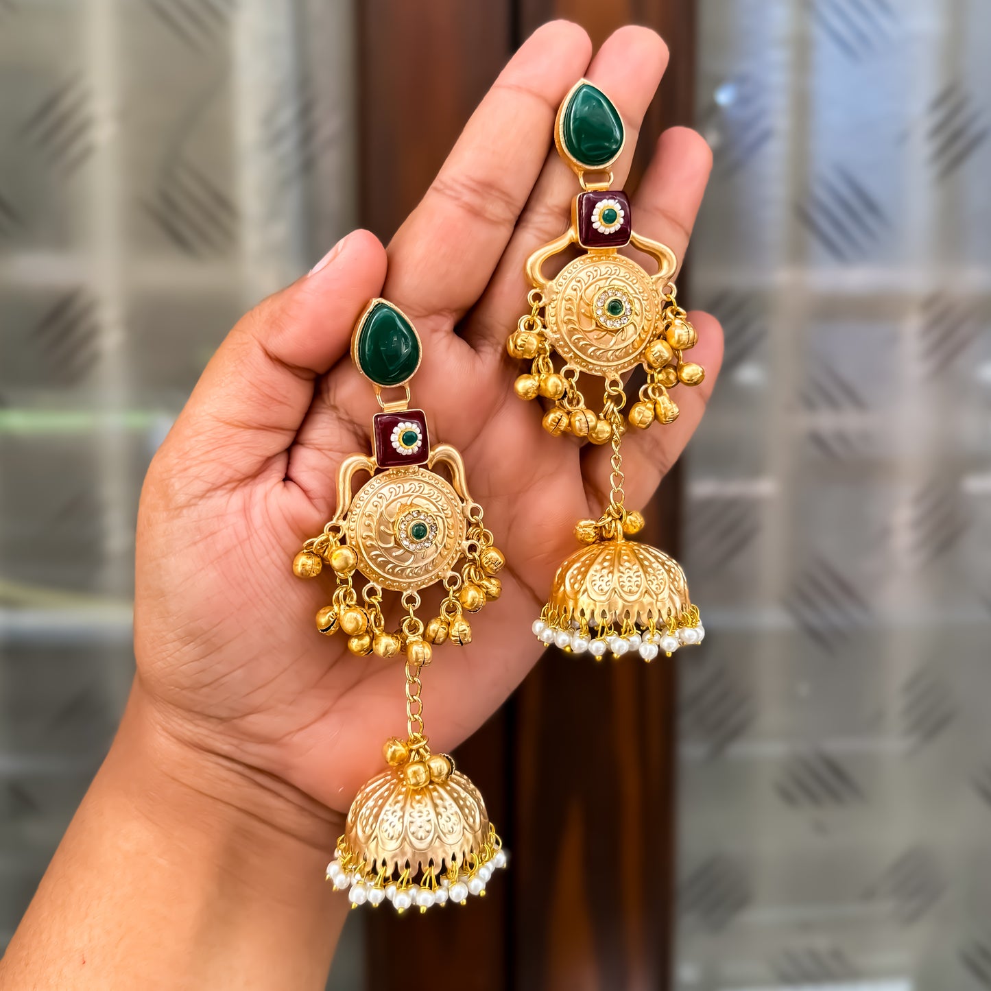 Nritya Golden Premium Kashmiri Brass Jhumka Earrings