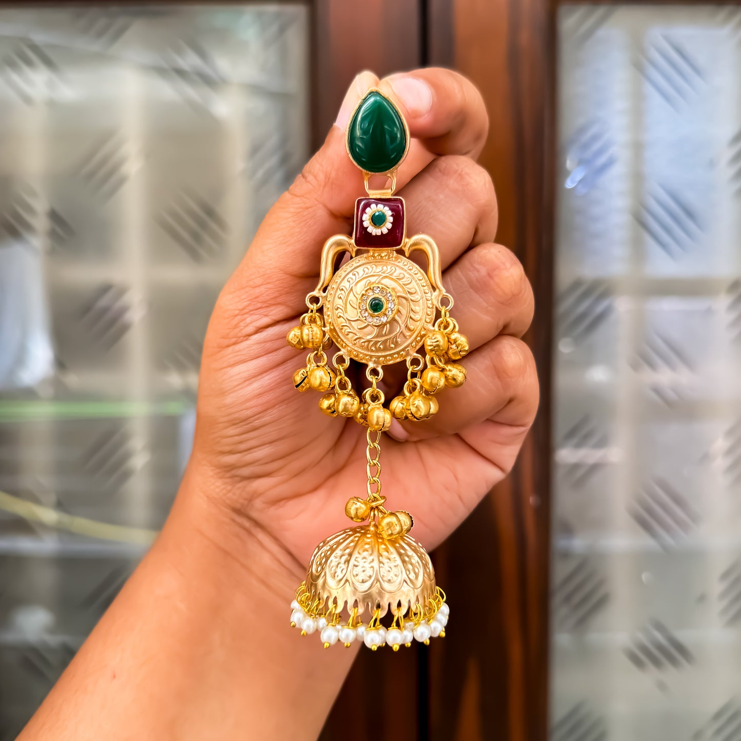 Nritya Golden Premium Kashmiri Brass Jhumka Earrings