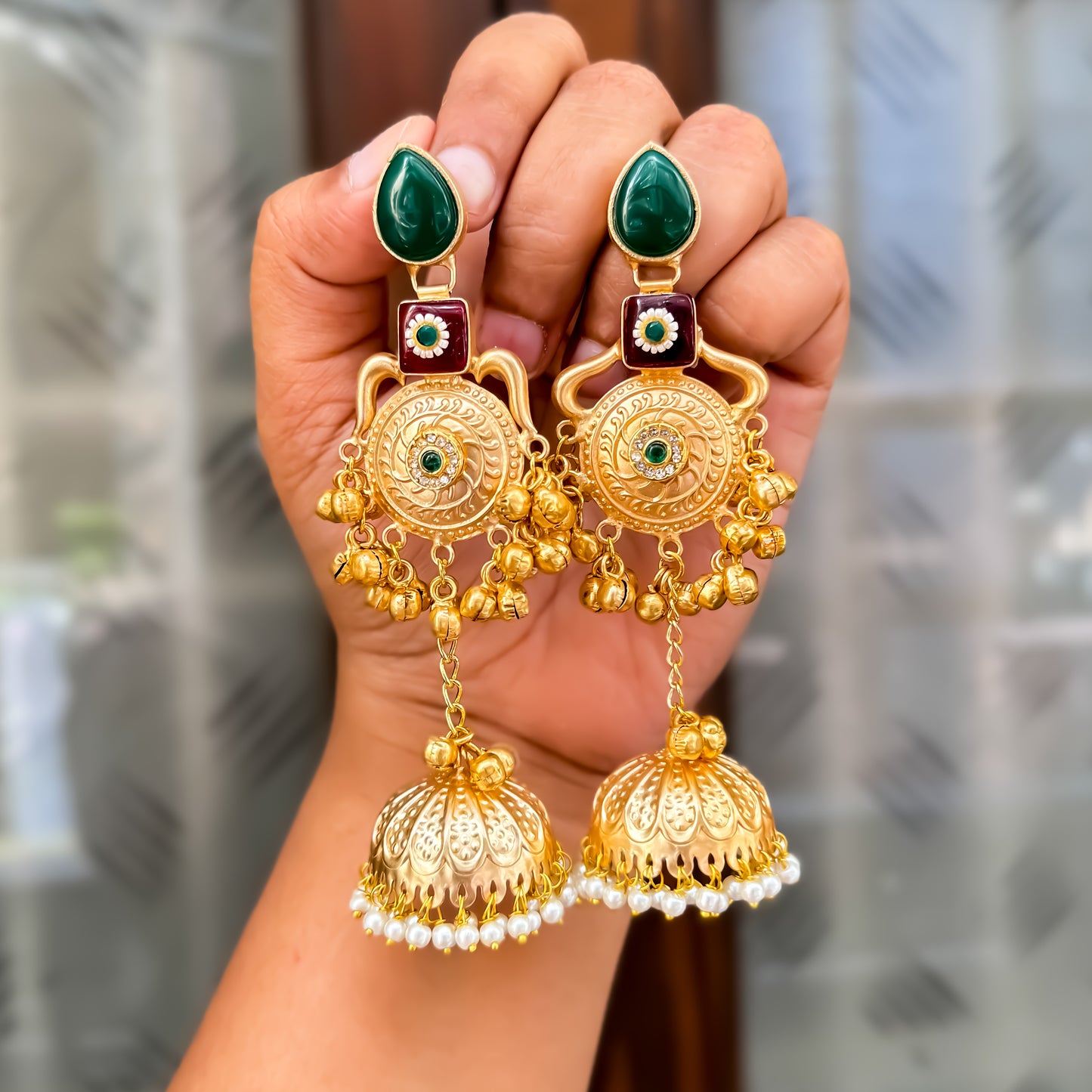 Nritya Golden Premium Kashmiri Brass Jhumka Earrings