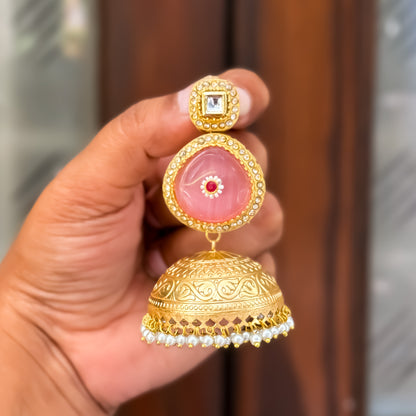 Samar Golden & Pastel Pink Kashmiri Brass Jhumka Earrings
