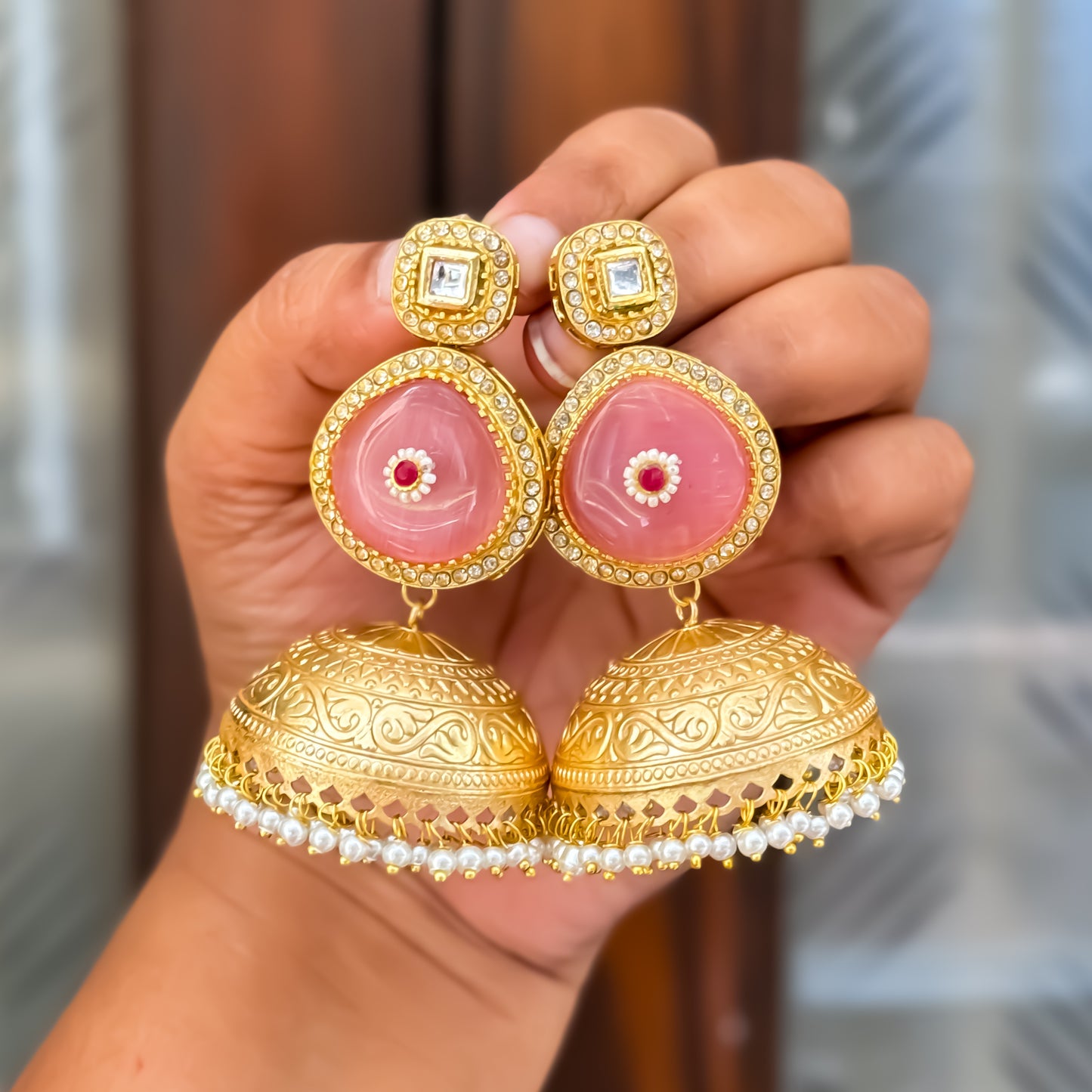 Samar Golden & Pastel Pink Kashmiri Brass Jhumka Earrings
