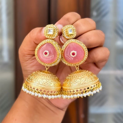 Samar Golden & Pastel Pink Kashmiri Brass Jhumka Earrings
