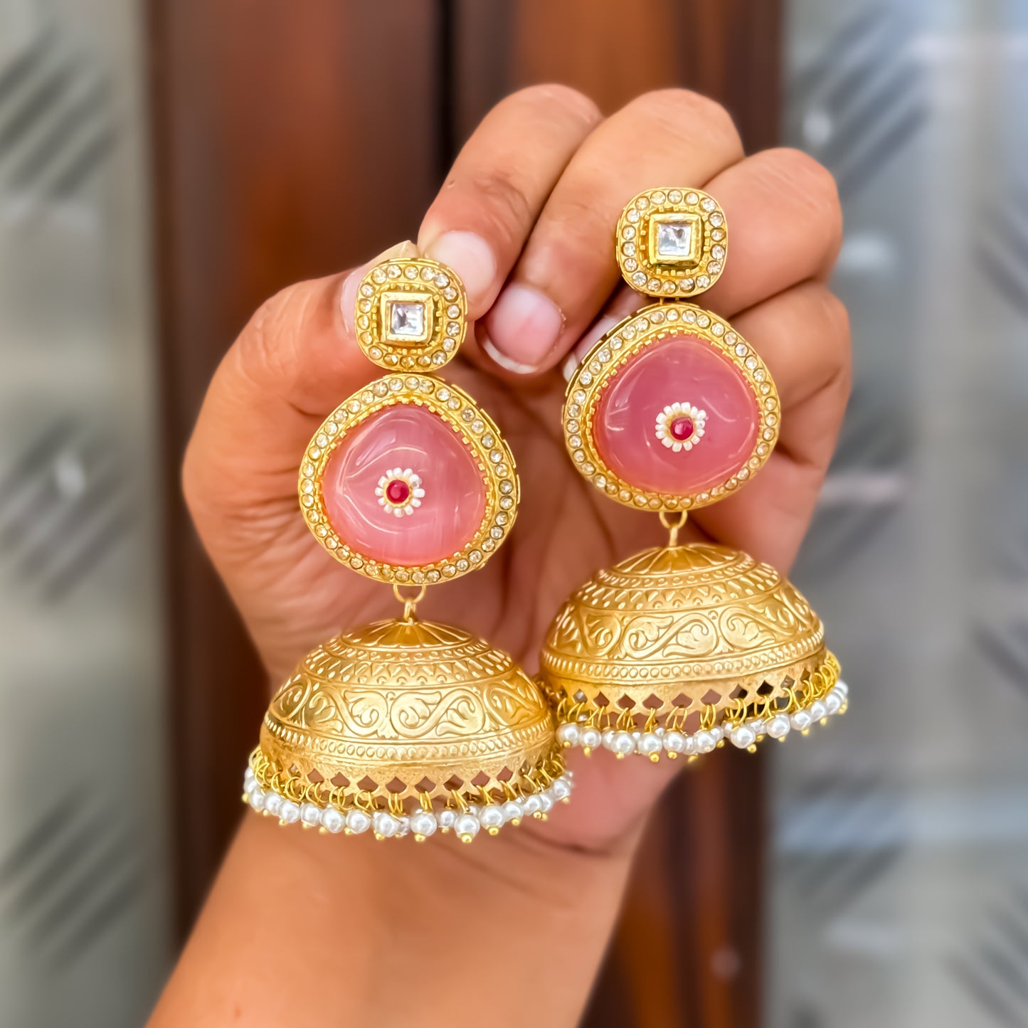 Samar Golden & Pastel Pink Kashmiri Brass Jhumka Earrings