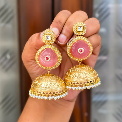 Samar Golden & Pastel Pink Kashmiri Brass Jhumka Earrings