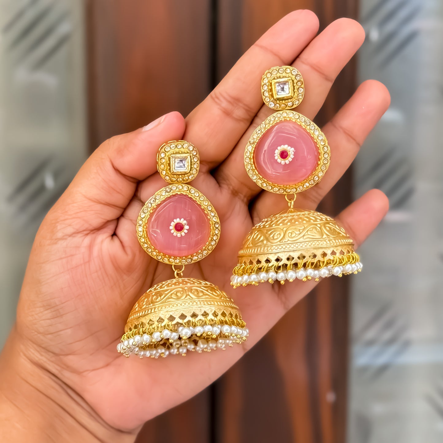 Samar Golden & Pastel Pink Kashmiri Brass Jhumka Earrings