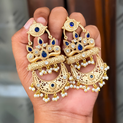 Bhavya Golden & Blue Kashmiri Brass Jhumka Earrings