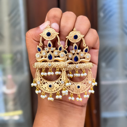 Bhavya Golden & Blue Kashmiri Brass Jhumka Earrings