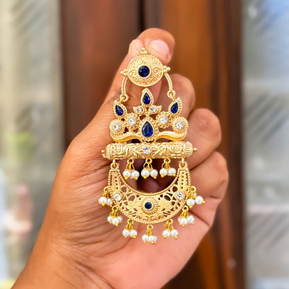 Bhavya Golden & Blue Kashmiri Brass Jhumka Earrings