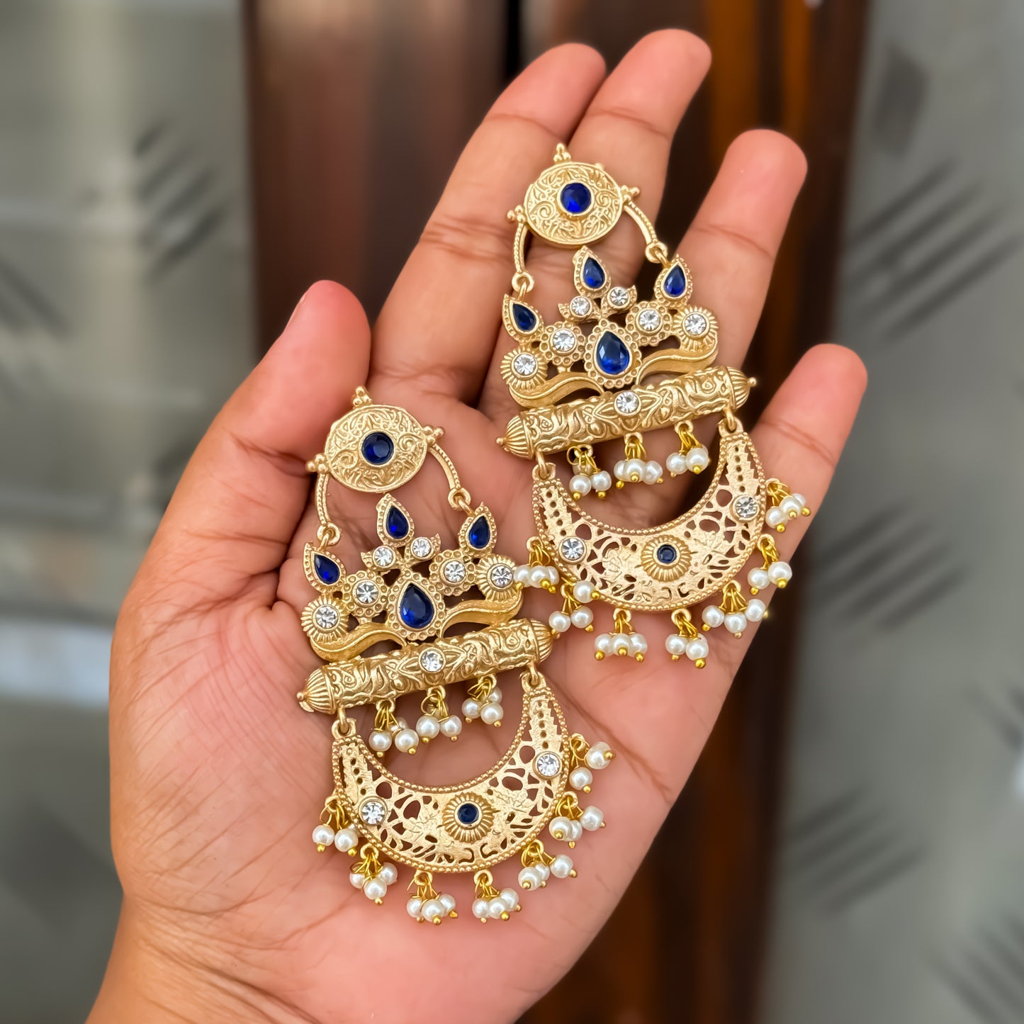 Bhavya Golden & Blue Kashmiri Brass Jhumka Earrings